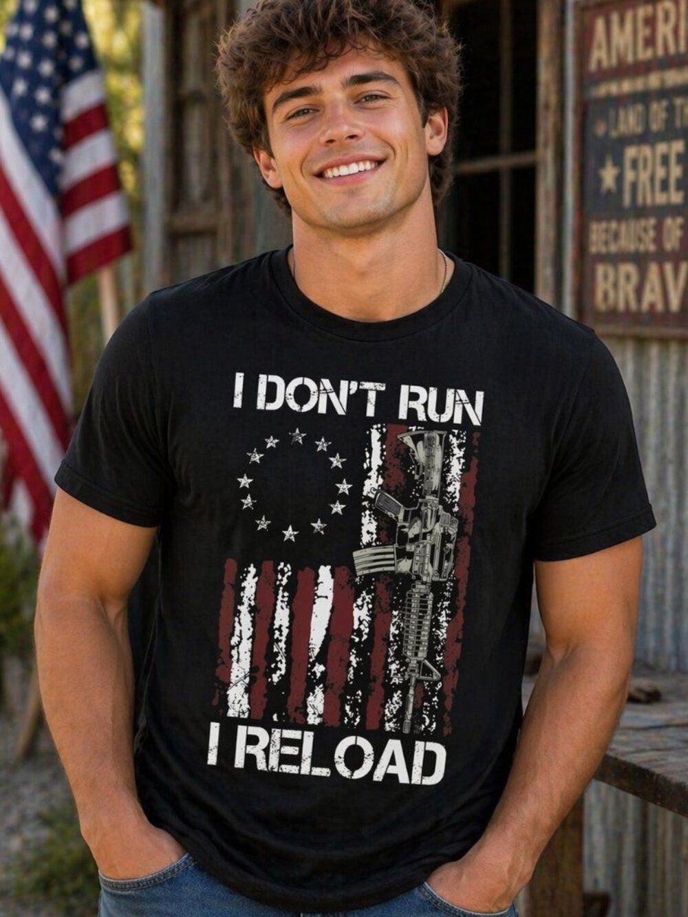 NWT! Mens L, Large Black T-Shirt I Dont Run I Reload Womens Tee Red White Blue